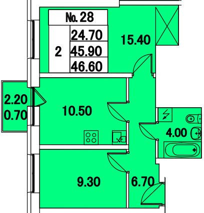 Двухкомнатная квартира 46.6 м²