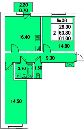 Двухкомнатная квартира 61 м²