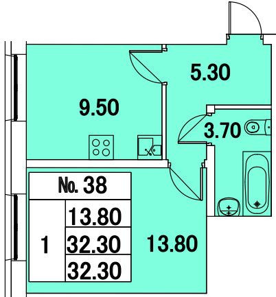 Однокомнатная квартира 32 м²