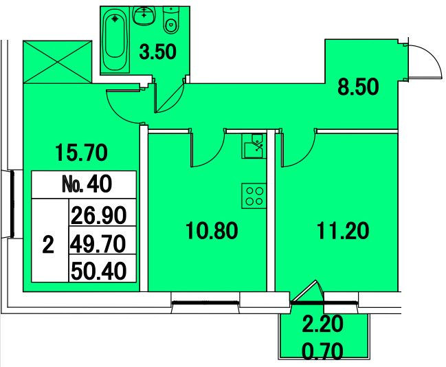 Двухкомнатная квартира 50.4 м²