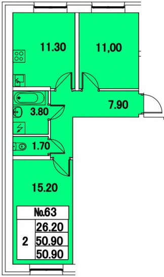 Двухкомнатная квартира 50.9 м²