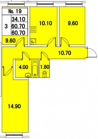 Трёхкомнатная квартира 60.7 м²