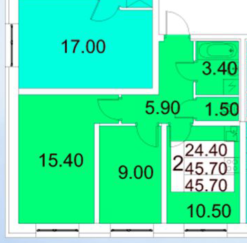 Двухкомнатная квартира 45.7 м²