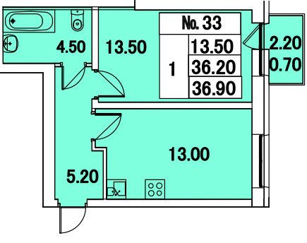 Однокомнатная квартира 37.2 м²