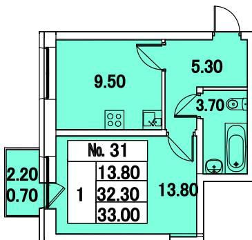 Однокомнатная квартира 33 м²