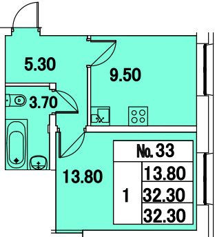 Однокомнатная квартира 32.3 м²