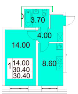 Однокомнатная квартира 30.3 м²