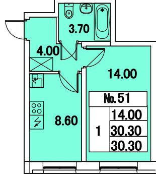 Однокомнатная квартира 30.3 м²