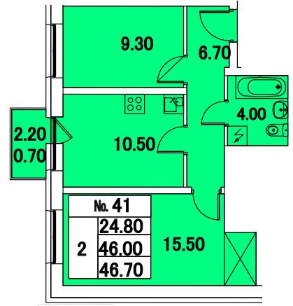 Двухкомнатная квартира 46.7 м²