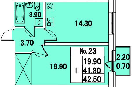 Однокомнатная квартира 42.5 м²