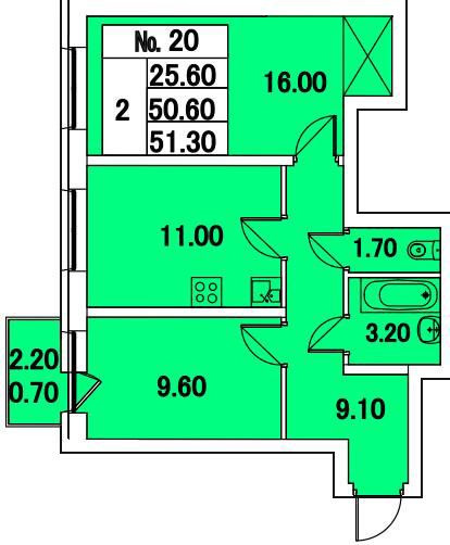 Двухкомнатная квартира 51.3 м²