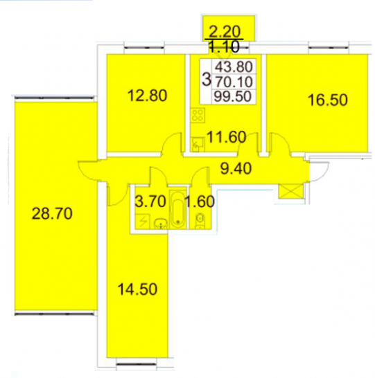 Трёхкомнатная квартира 99.5 м²