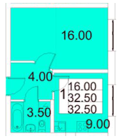 Однокомнатная квартира 32.5 м²