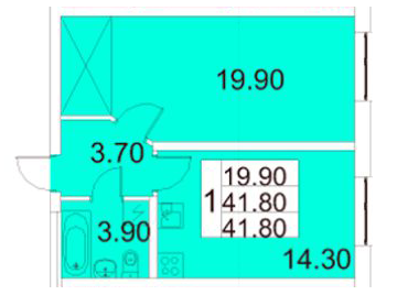 Однокомнатная квартира 41.8 м²