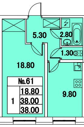 Однокомнатная квартира 38 м²