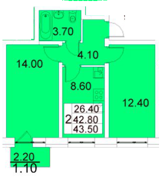 Двухкомнатная квартира 43.5 м²