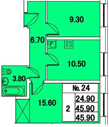 Двухкомнатная квартира 45.9 м²