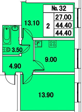 Двухкомнатная квартира 44.4 м²