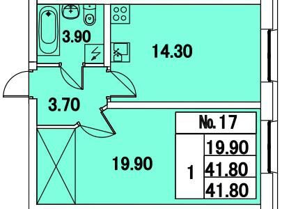 Однокомнатная квартира 41.8 м²