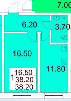 Однокомнатная квартира 38.2 м²