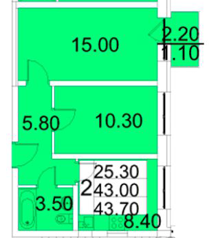 Двухкомнатная квартира 43.7 м²