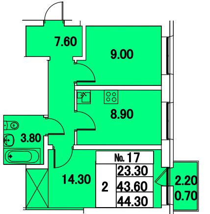Двухкомнатная квартира 44.3 м²