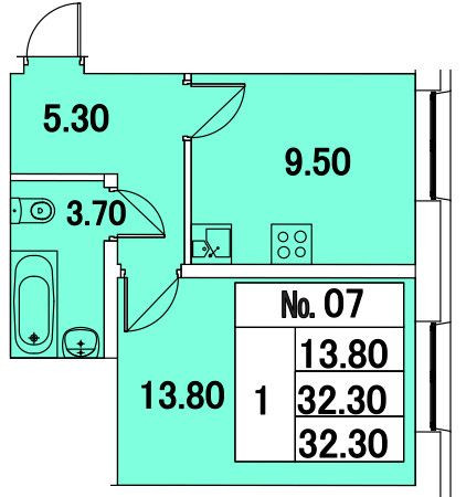 Однокомнатная квартира 32.3 м²