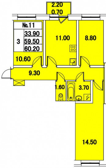 Трёхкомнатная квартира 60.2 м²