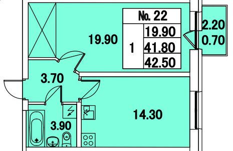 Однокомнатная квартира 42.5 м²
