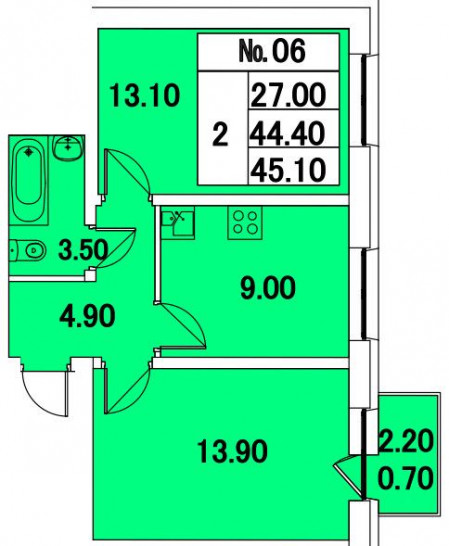 Двухкомнатная квартира 45.1 м²