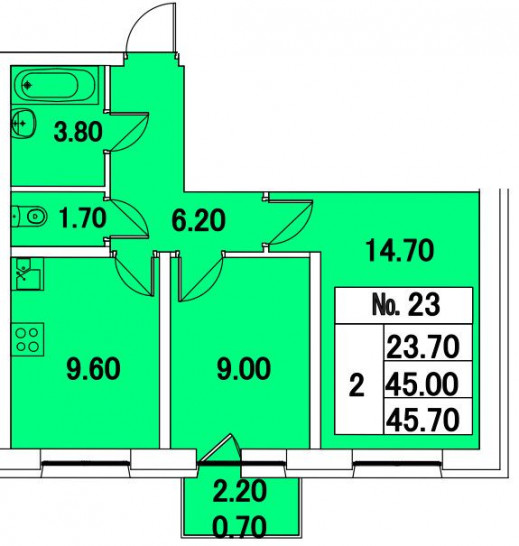 Двухкомнатная квартира 45.7 м²