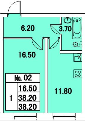 Однокомнатная квартира 38.2 м²