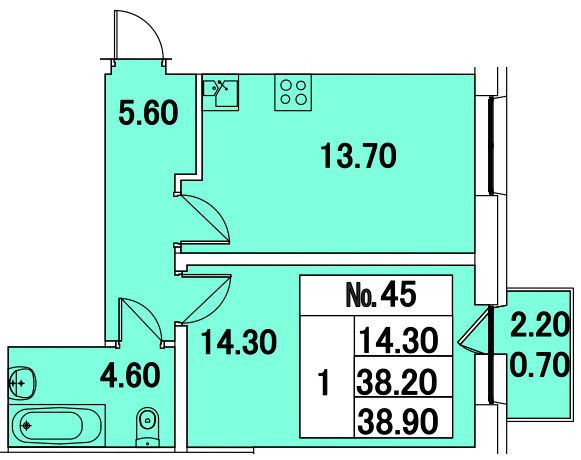 Однокомнатная квартира 38 м²