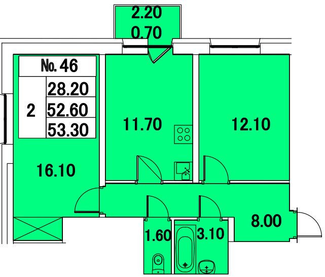 Двухкомнатная квартира 53.3 м²