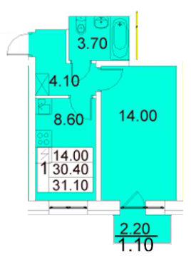 Однокомнатная квартира 31.1 м²