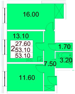 Двухкомнатная квартира 53.1 м²