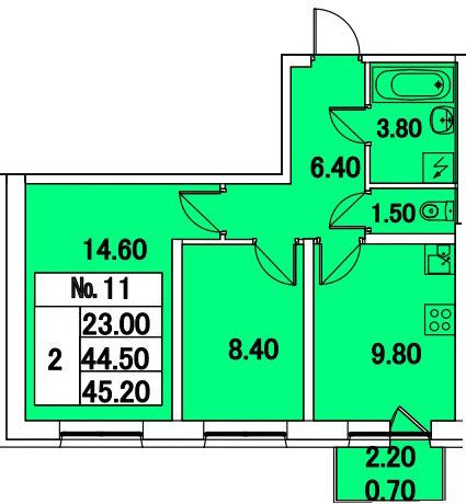 Двухкомнатная квартира 45.2 м²