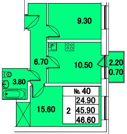 Двухкомнатная квартира 46.6 м²