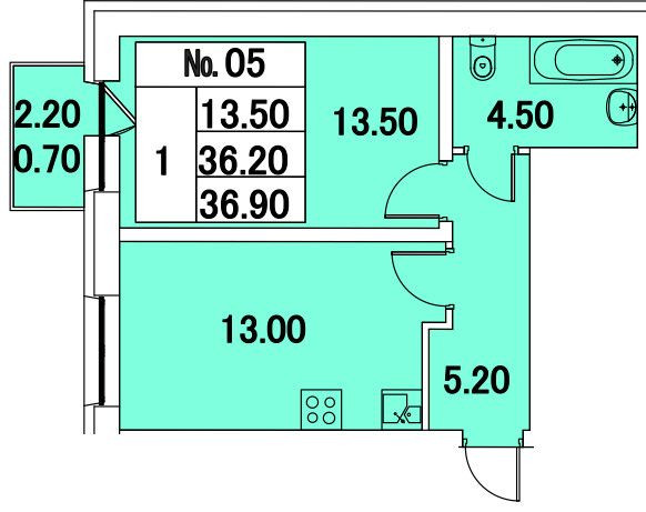 Однокомнатная квартира 36.9 м²