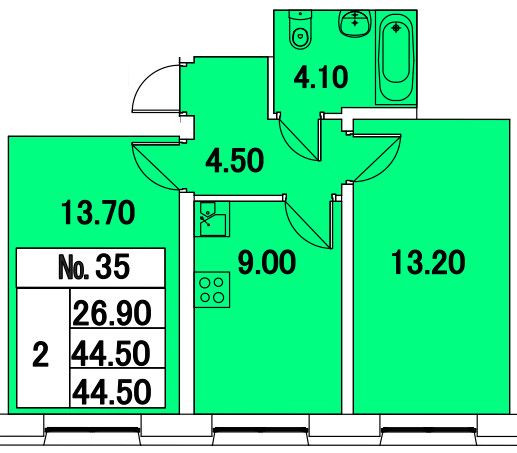 Двухкомнатная квартира 44.5 м²