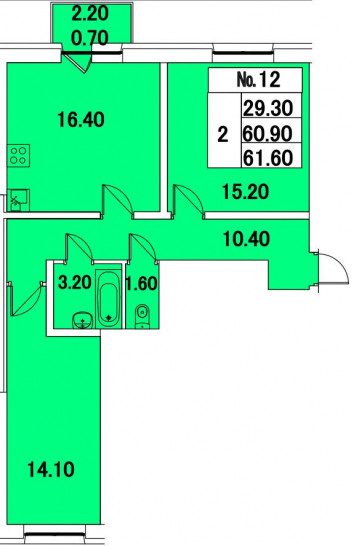 Двухкомнатная квартира 61 м²