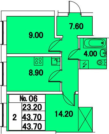 Двухкомнатная квартира 43.7 м²