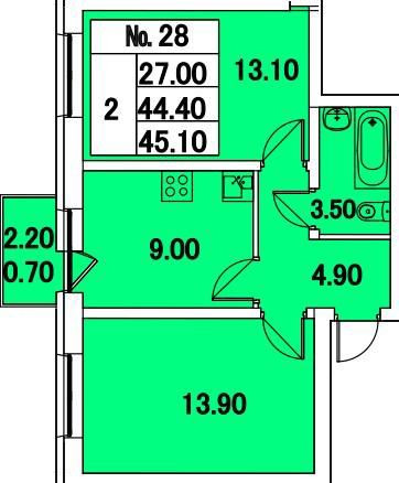 Двухкомнатная квартира 45.1 м²