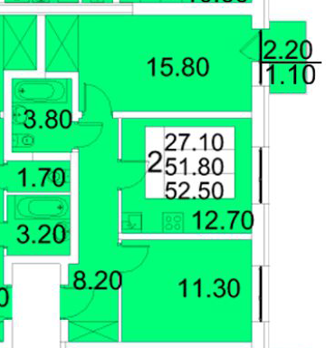 Двухкомнатная квартира 52.5 м²