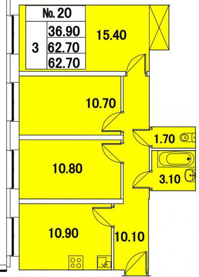 Трёхкомнатная квартира 62.7 м²
