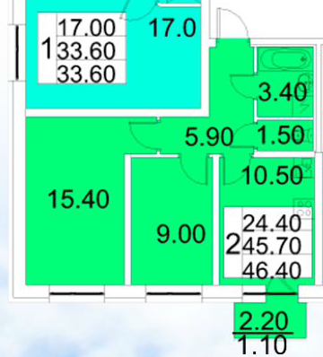 Двухкомнатная квартира 46.4 м²