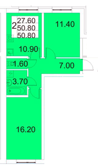 Двухкомнатная квартира 50.8 м²