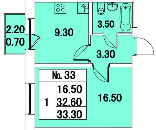 Однокомнатная квартира 33 м²