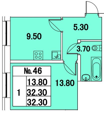 Однокомнатная квартира 32 м²