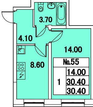 Однокомнатная квартира 30.4 м²